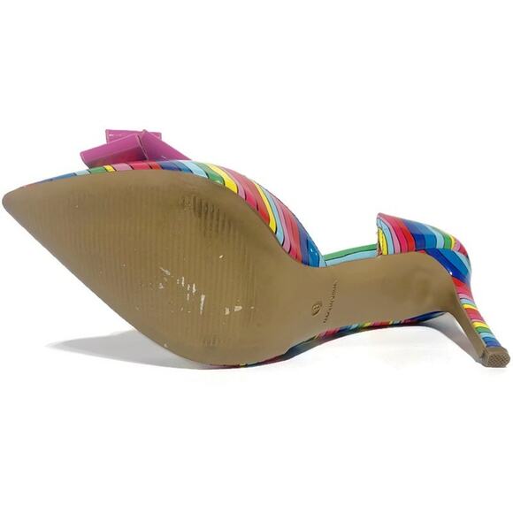 Betsey Johnson Relay Rainbow Striped Stiletto Pumps Heels Size 8 With Pink Bow - Picture 6 of 9